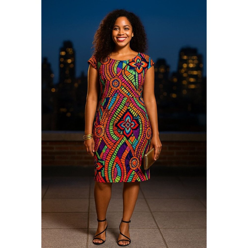 AGB Dress Multicolor Geometric Tribal Print Sheath Dress Size 12 Lined - Picture 3 of 16